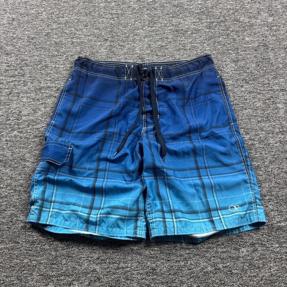 Y2K Vintage Ocean Pacific Surf Baggy Plaid Striped Board Shorts Blue Medium